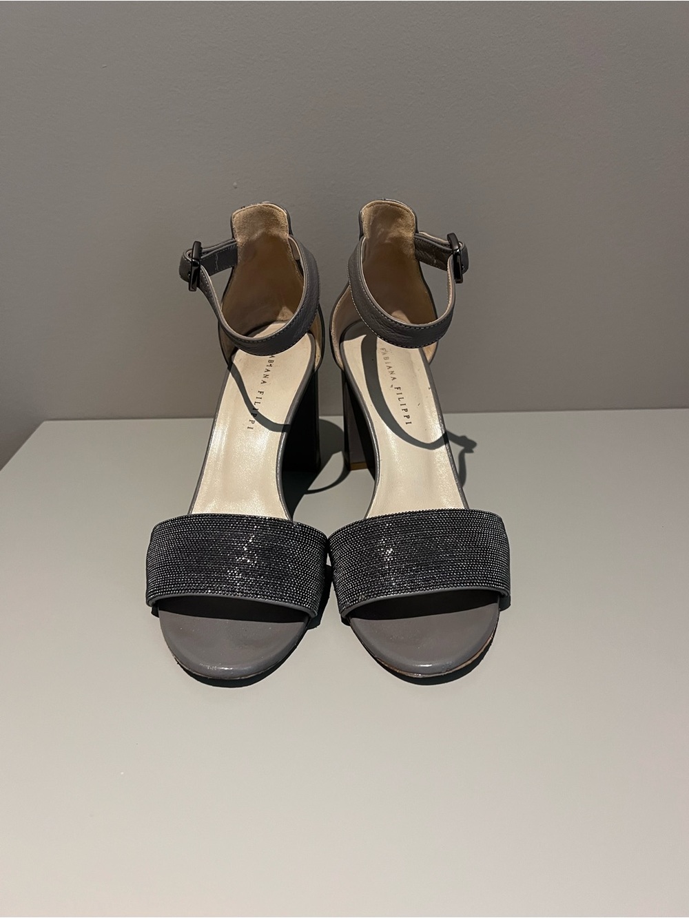 Ankle-Strap Gray Block Heels with Sparkle Band